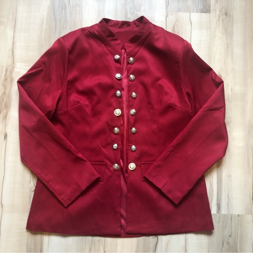 Womens Red Military-Style Button Blazer with Crown Gold Buttons Open Faced - Picture 2 of 9